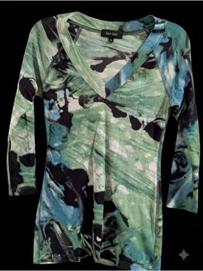 Karen Kane Green Blue Abstract V-Neck Top Medium